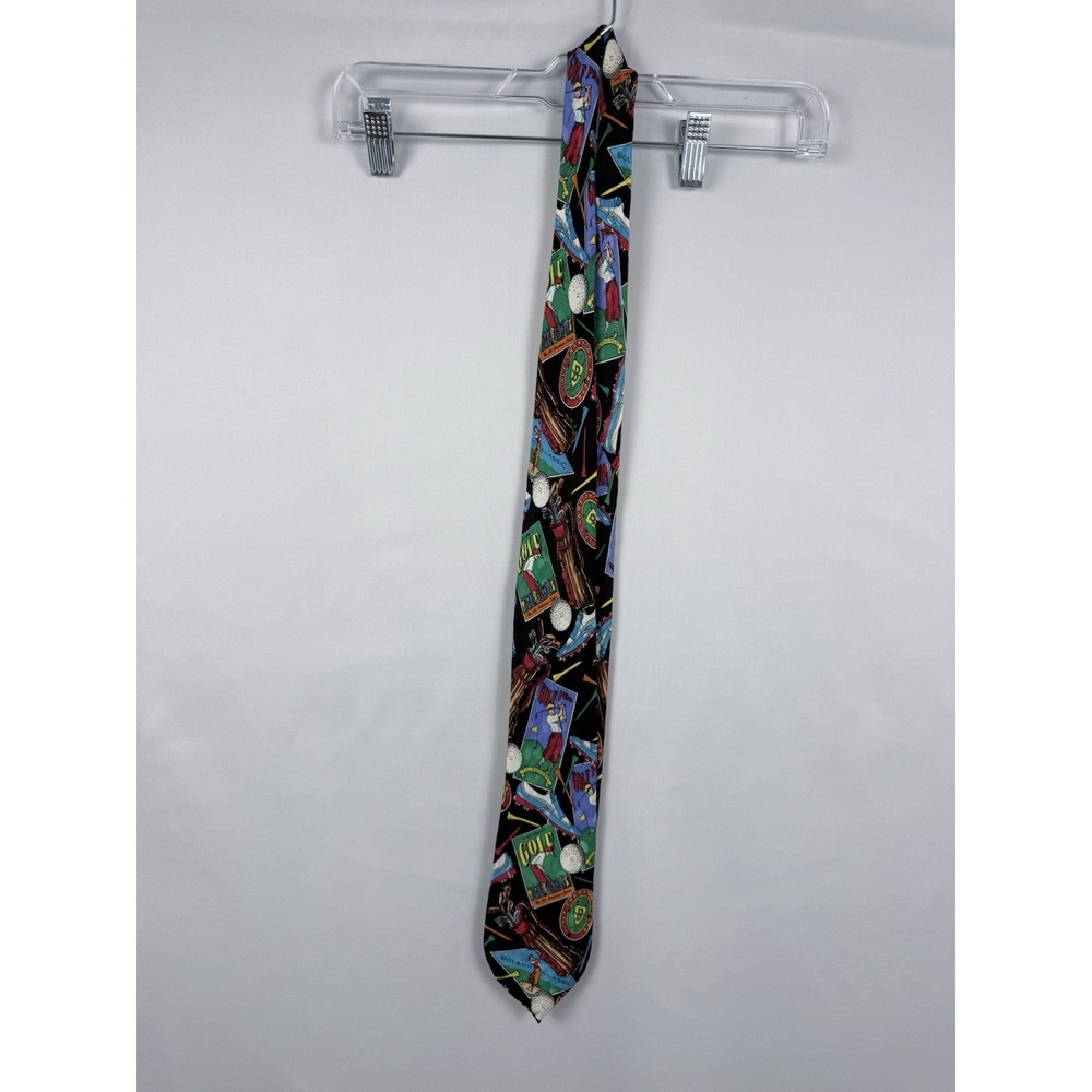 Bolero Mens Silk Golf Novelty Tie Black Multi Color Sports Print Hand Made